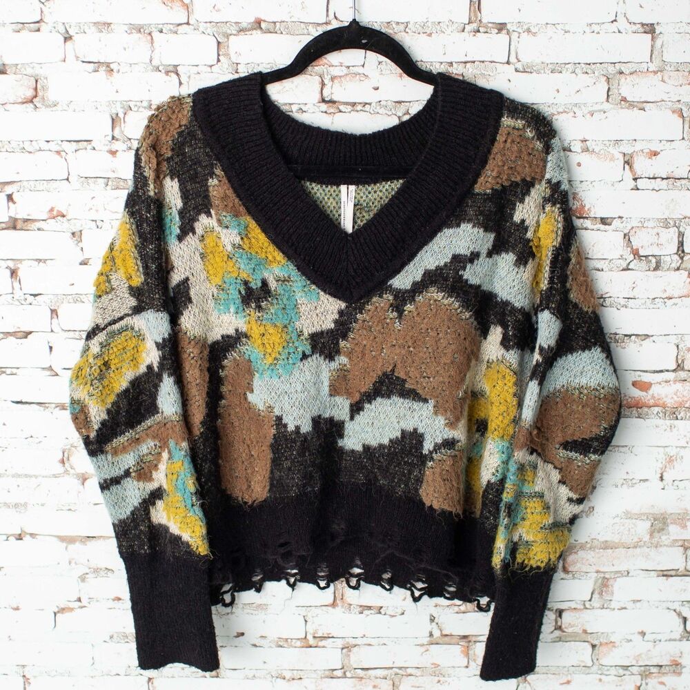 Anthropologie Abstract Distressed Sweater Women's S Black Multicolor Wool Blend